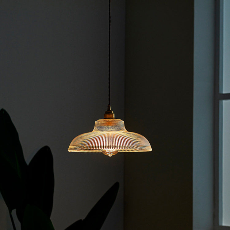 Traditionelle Vintage gerippte Glasscheibe Schirm Messing 1-flammige Pendelleuchte für Wohnzimmer 