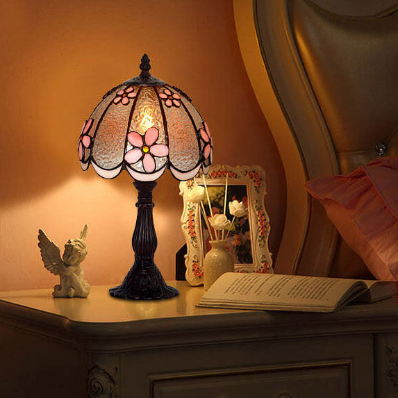 Tiffany Pflaumenblume Buntglas Kuppel Metallbasis 1-Licht Tischlampe 