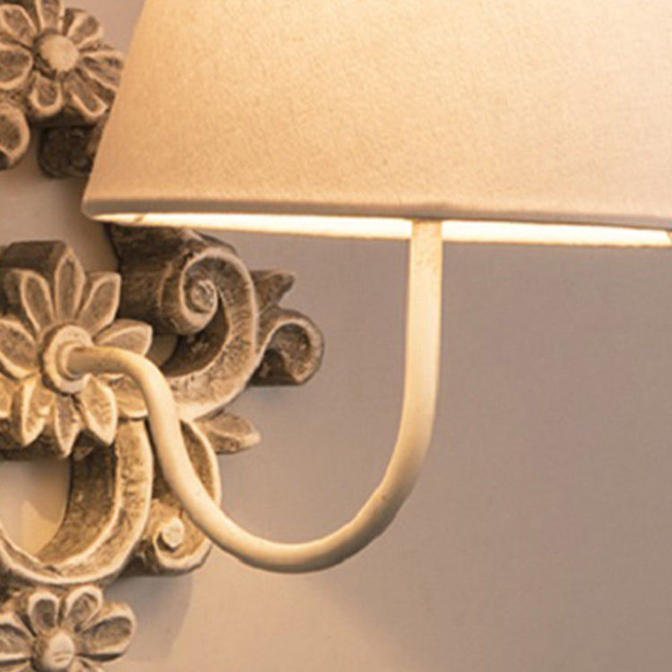 Traditionelle Vintage geschnitzte Zylinder Massivholz Stoff 1-Licht Wandleuchte Lampe für Schlafzimmer 