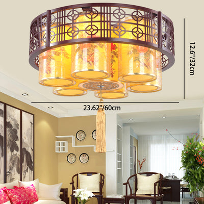 Traditioneller chinesischer Eisen-Holz-PVC-Rundzylinder bedruckter 7/9/11-Licht-Kronleuchter für Esszimmer 