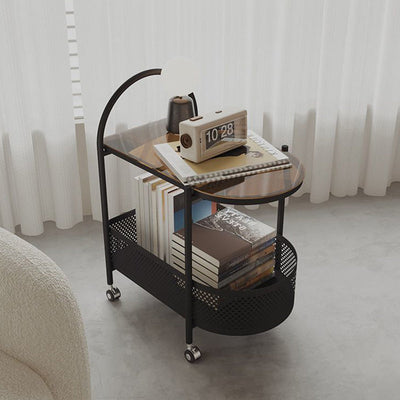 Table d'appoint roulante contemporaine en verre rond avec panier de rangement en fer à 2 niveaux pour salon 