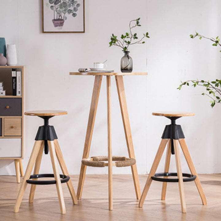Traditioneller Vintage-Thekenhocker aus Gummibaumholz, rund, mit höhenverstellbarer Nylon-Gewindestange, drehbar, mit Fußstütze, für die Küche 