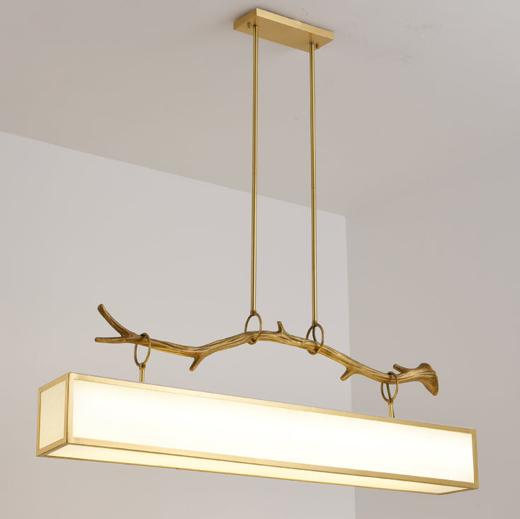 Moderne Art Deco Vollkupfer Zweig Stoff Rechteck Schatten 1-Licht Insel Licht Pendelleuchte für Wohnzimmer 