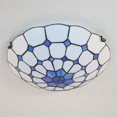 Traditional Tiffany Mediterranean Round Stained Glass 3-Light Flush Mount Ceiling Light For Living Room