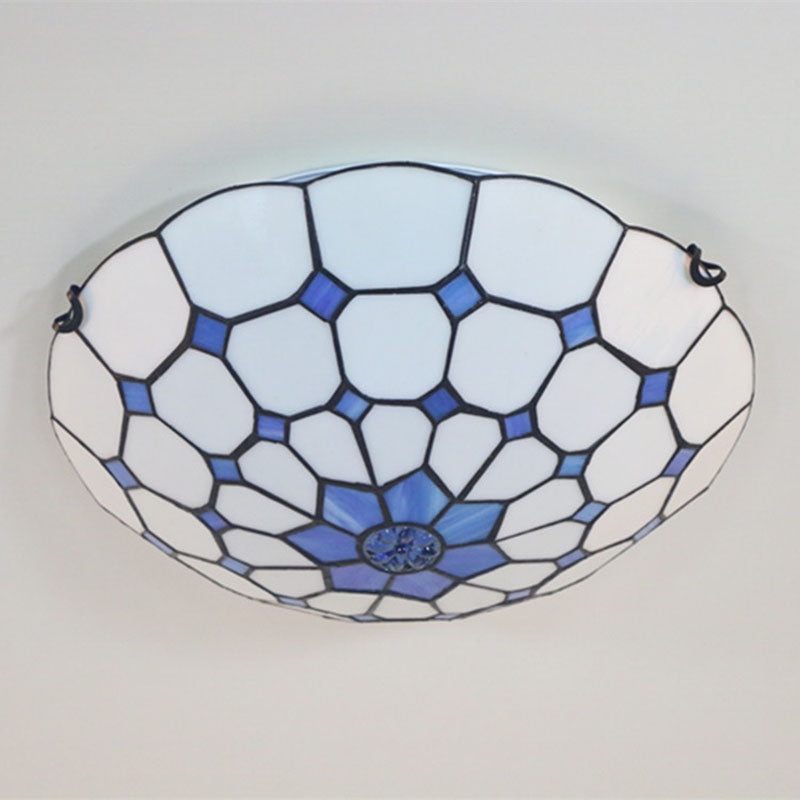 Luz de techo empotrada de 3 luces con vidrio teñido redondo mediterráneo tradicional Tiffany para sala de estar 