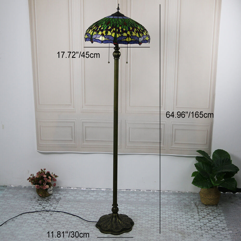 Lámpara de pie de 2 luces con cúpula de resina de vidrio teñido de libélula vintage de Tiffany 