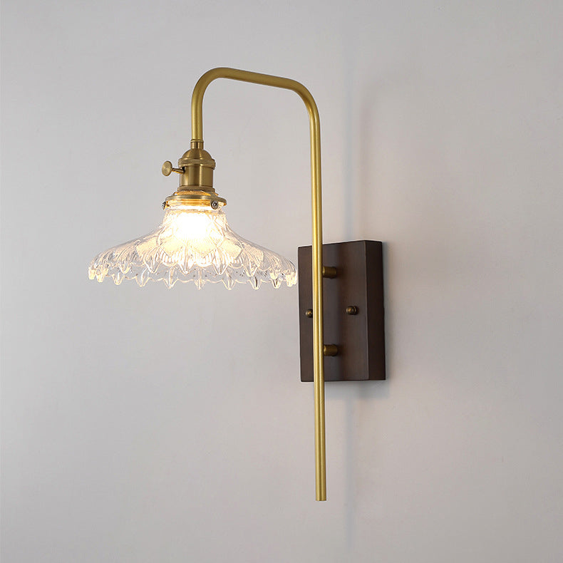 Traditional Vintage Round Wood Iron Glass 1-Light Wall Sconce Lamp For Bedroom