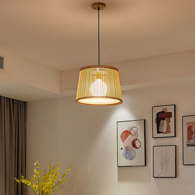 Traditional Japanese Wood Acrylic Cylinder Bucket 1-Light Pendant Light For Dining Room