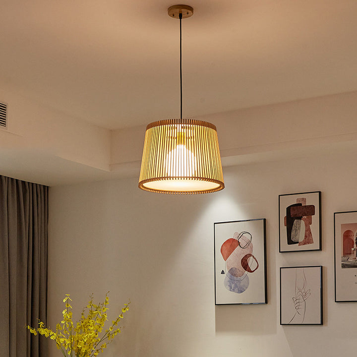 Traditional Japanese Wood Acrylic Cylinder Bucket 1-Light Pendant Light For Dining Room