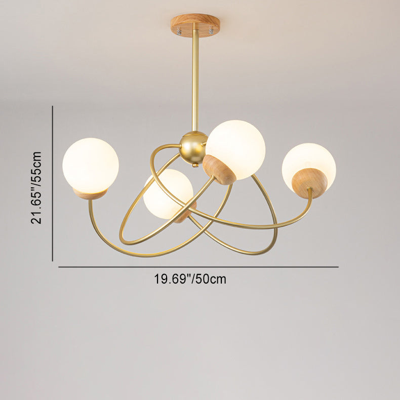 Zeitgenössischer nordischer runder Kronleuchter aus Eisen, Holz und Glas mit 4/6 Lichtern für Wohnzimmer 