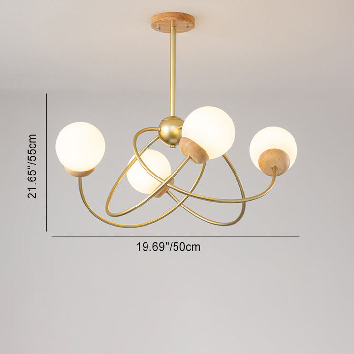 Zeitgenössischer nordischer runder Kronleuchter aus Eisen, Holz und Glas mit 4/6 Lichtern für Wohnzimmer 