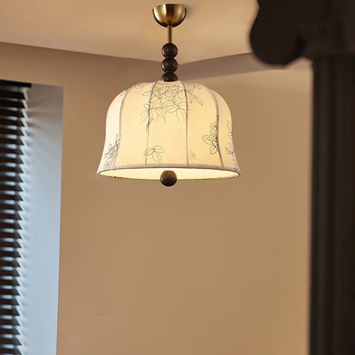 Lámpara colgante de 1 luz de tela floral redonda romántica francesa tradicional de madera y metal para dormitorio 