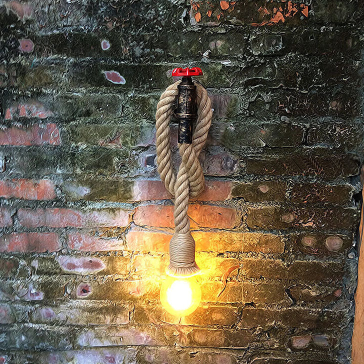 Vintage Industrial Hemp Rope Rust Plumbing 1-Light Wall Sconce Lamp