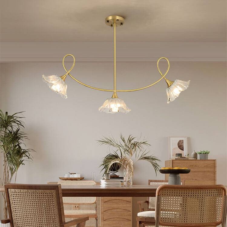 Lámpara de araña tradicional vintage de vidrio floral, madera y cobre con ramas de cristal de 3/6/8 luces para sala de estar 