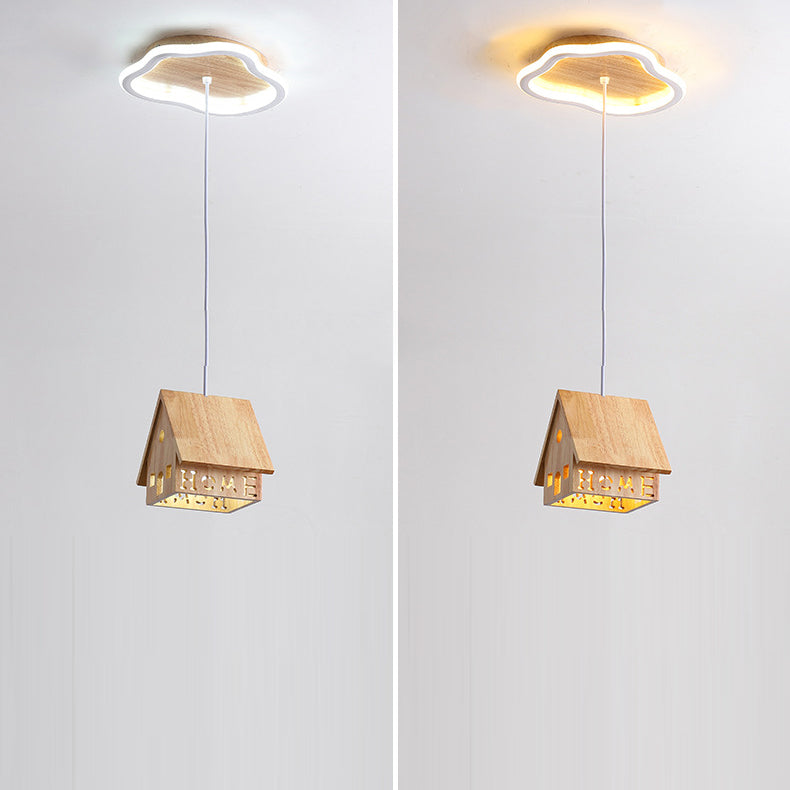 Contemporary Creative Cartoon Wood Cabin Aluminum LED Chandelier For Living Room
