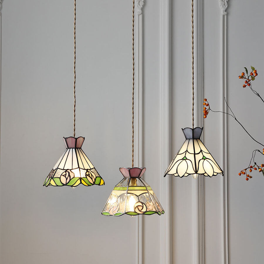 Vintage Tiffany Rose Flower Conical Stained Glass 1-Light Pendant Light