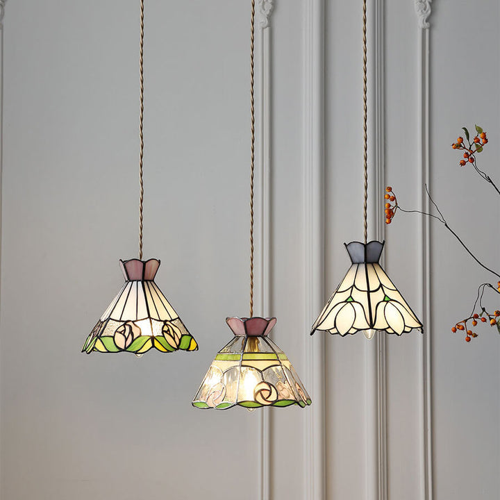 Vintage Tiffany Rose Flower Conical Stained Glass 1-Light Pendant Light