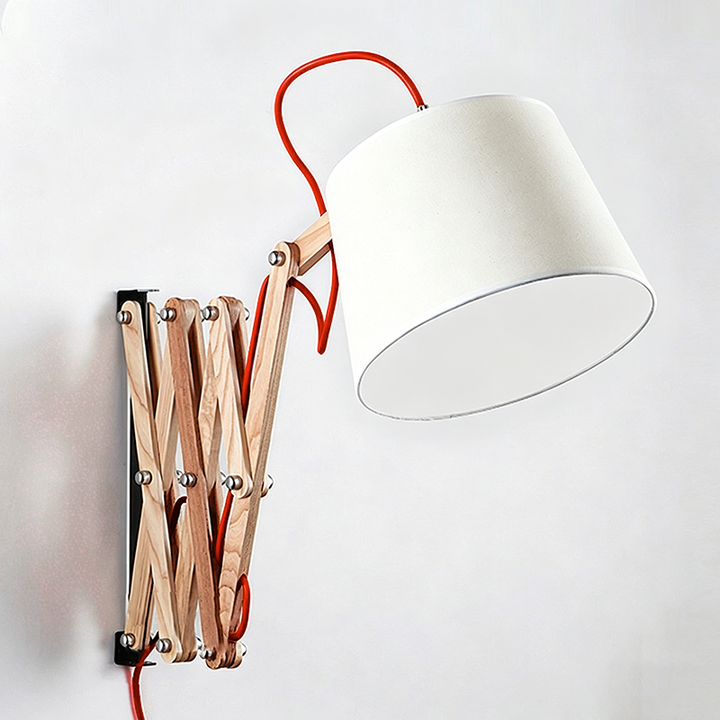 Traditional Vintage Linen Cone Ash Wood Iron Retractable Rotating 1-Light Wall Sconce Lamp for Living Room