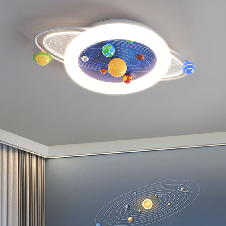 ضوء سقف LED مثبت بشكل مسطح لغرفة النوم بتصميم حديث بسيط للأطفال مع كوكب دائري مصنوع من الحديد والراتنج والأكريليك 