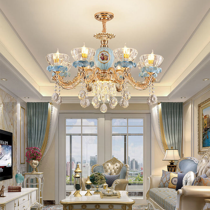 Traditional European Flower Candelabra Zinc Alloy Crystal Glass Ceramic 6/8/10/12-Light Chandelier For Living Room
