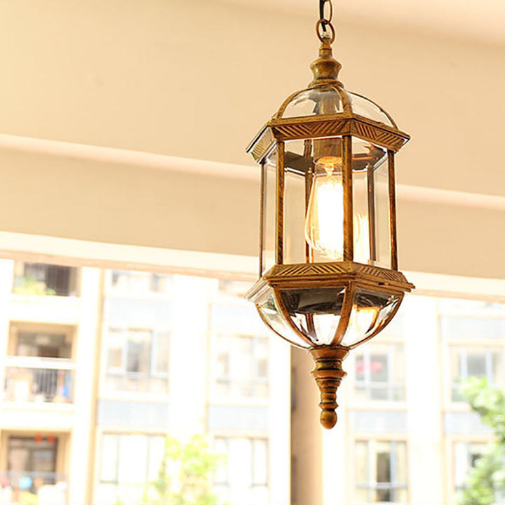 Zeitgenössische Retro sechseckige Laterne Glas Aluminium 1-Licht wasserdichte Pendelleuchte für Terrasse im Freien 