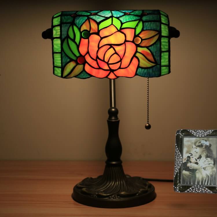 Traditional Tiffany Blooming Flowers Stained Glass 1-Light Bank Table Lamp for Living Room