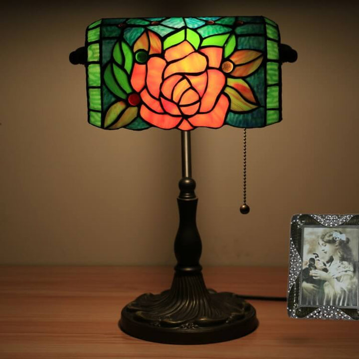Traditional Tiffany Blooming Flowers Stained Glass 1-Light Bank Table Lamp for Living Room