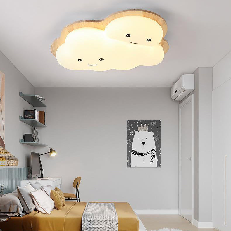 Modern Art Deco Airplane Clouds Moon Acrylic Wood LED Flush Mount Ceiling Light For Living Room