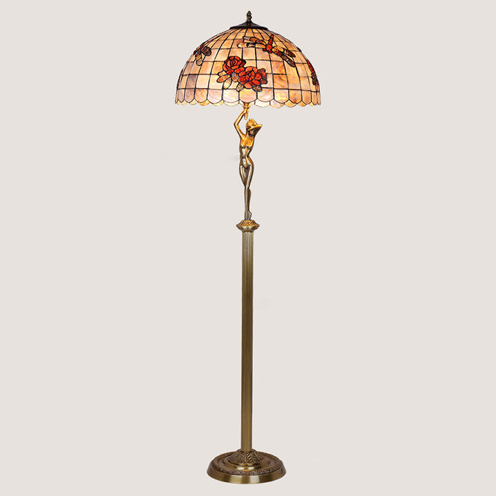 Traditionelle Tiffany Messing Shell Dome Rose Libelle 3-Licht Stehlampe für Wohnzimmer 