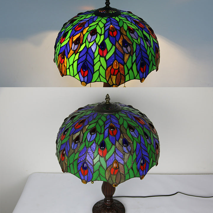 Lámpara de Mesa de 2 Luces con Base de Resina y Vidrio Tiffany Tradicional con Diseño de Pavo Real y Girasol para Estudio 