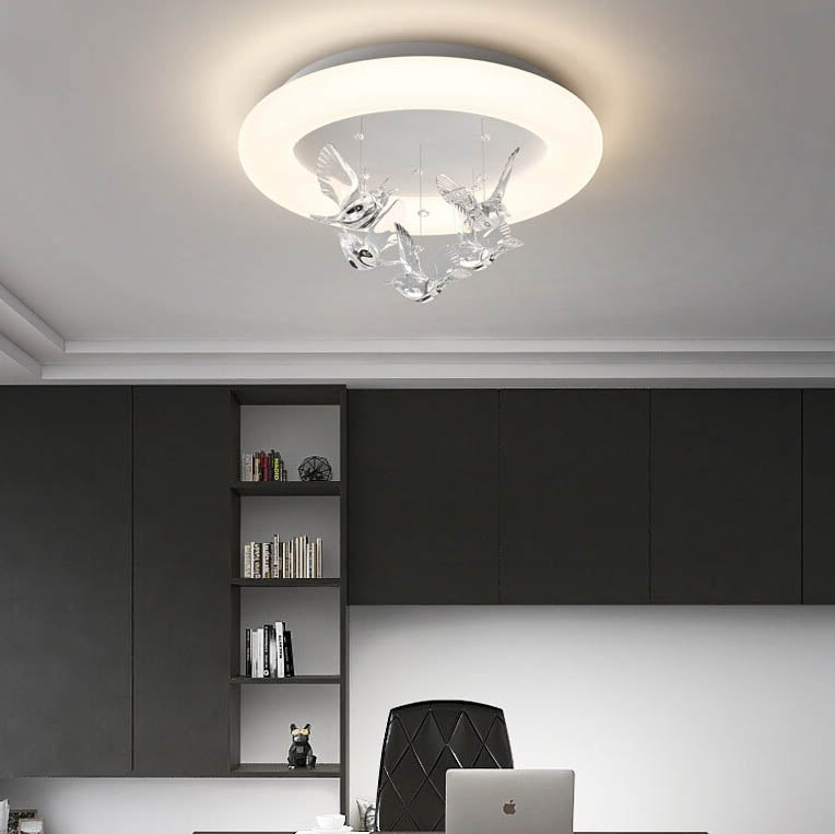 Zeitgenössische nordische runde Vogel Eisen Acryl LED Deckenleuchte für Schlafzimmer 