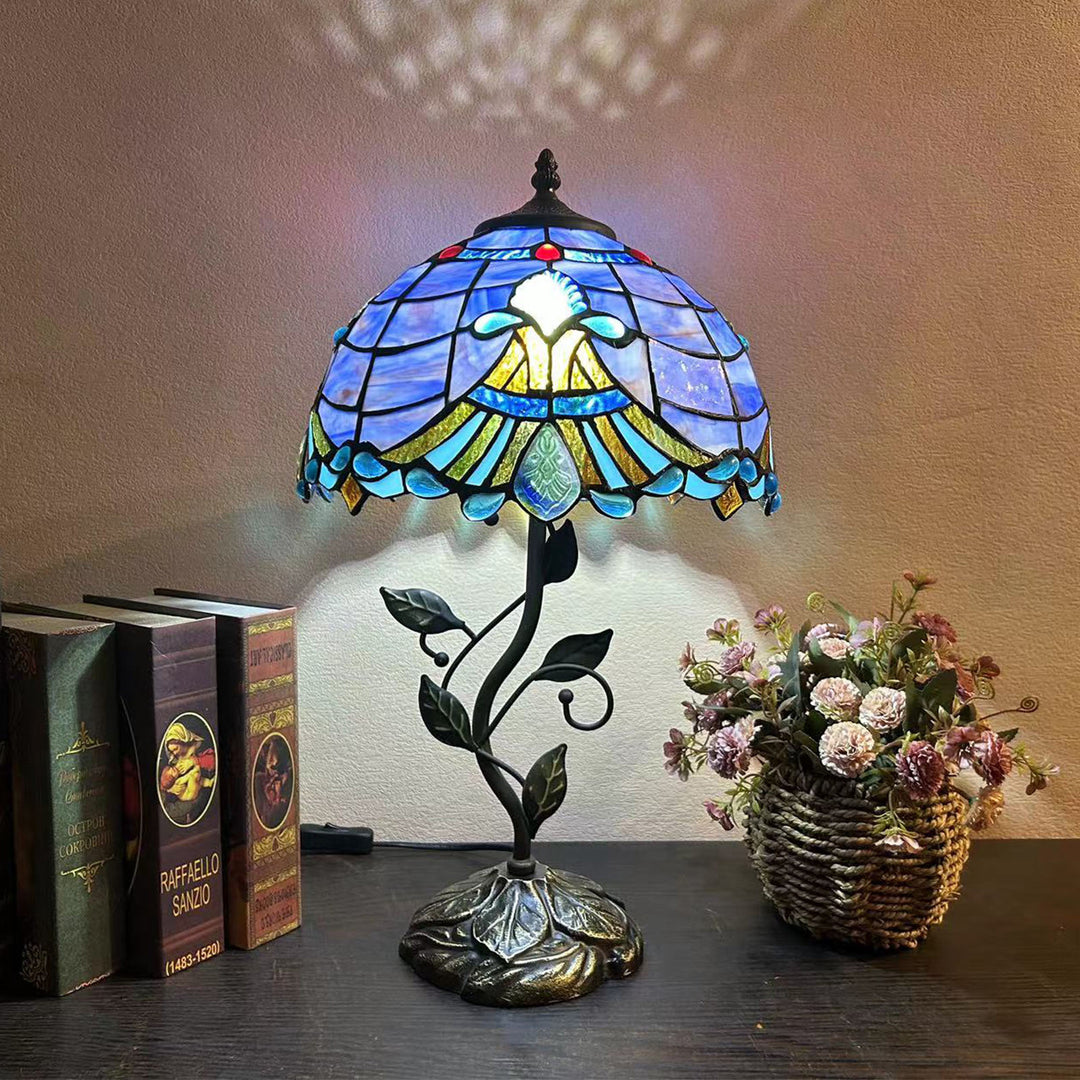 Lampe de table traditionnelle Tiffany en résine avec dôme conique et motif de fleurs et feuilles à 1 lumière pour chevet 