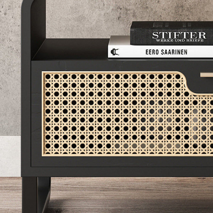 طاولة جانبية حديثة بسيطة مستطيلة من خشب الرماد مع تقليد الروطان، بدرج واحد لغرفة النوم 
