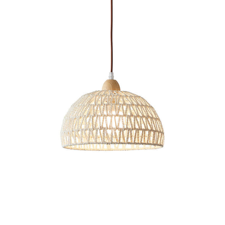 Contemporary Boho Rubberwood Faux Rattan Weaving Dome 1-Light Pendant Light For Dining Room