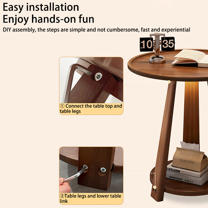 Modern Minimalist Round Tripod Rubberwood Coffee Table 2-Tier For Living Room