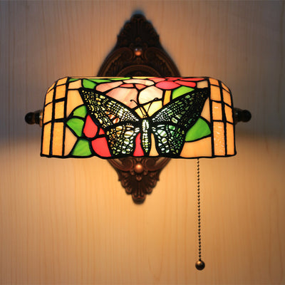 Traditional Tiffany Butterfly Half Cylinder Zinc Stained Glass 1-Light Wall Sconce Lamp For Living Room