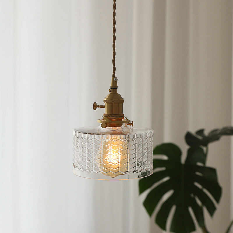 Moderne nordische Pendelleuchte aus Messing, Eisen und klarem Glas in runder Trommelform, kupferfarben, 1-flammig, für Wohnzimmer &amp; Schlafzimmer 