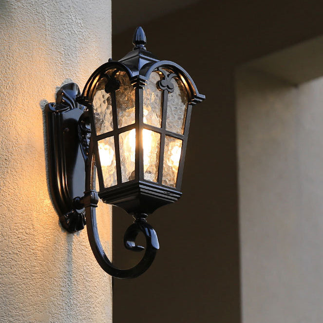 Cilindro de vidrio de aluminio impermeable tradicional europeo con ondas para lámpara de pared de 1 luz para patio exterior 