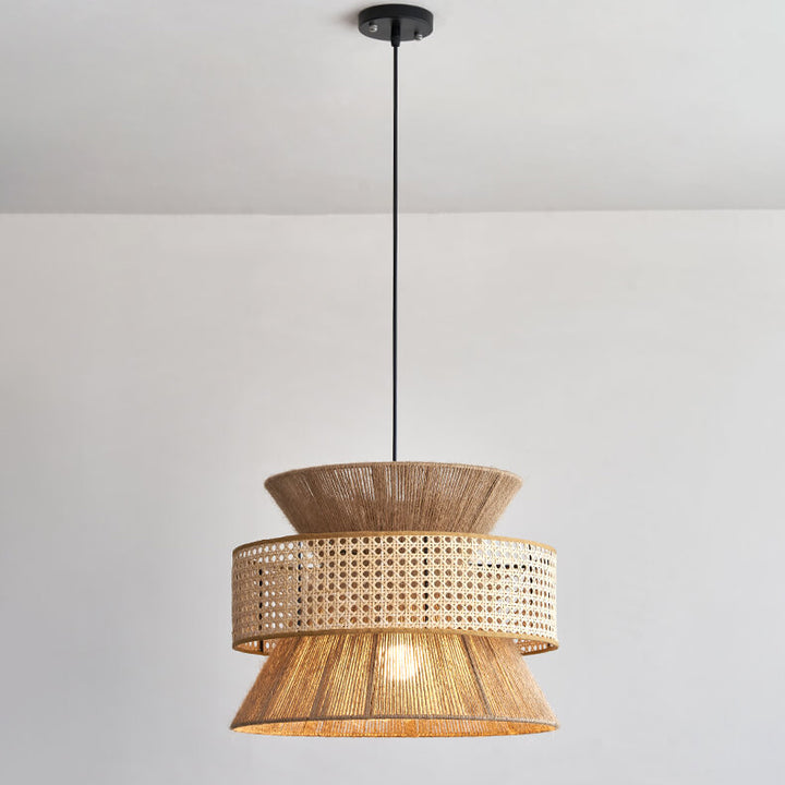 Lámpara colgante de 1 luz con pantalla redonda tejida de cuerda de cáñamo de ratán vintage tradicional Zen para sala de estar 