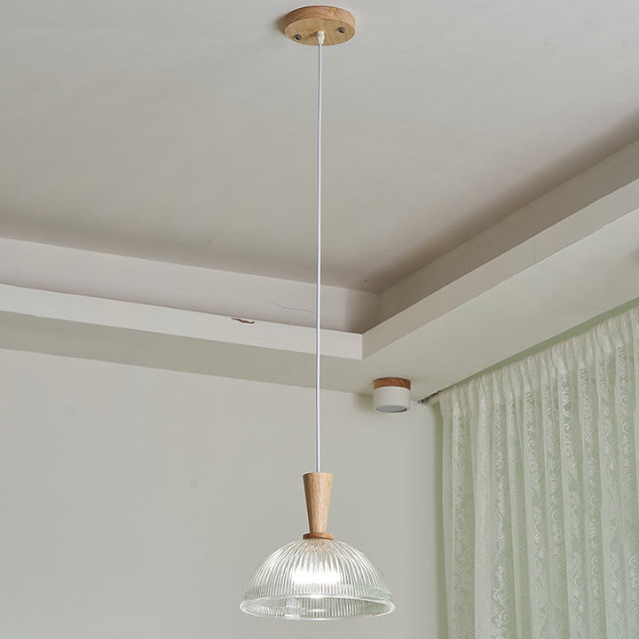 Suspension Luminaire Moderne Minimaliste Rond en Verre à Rayures en Dentelle avec Bois 1-Lumière pour Salon 