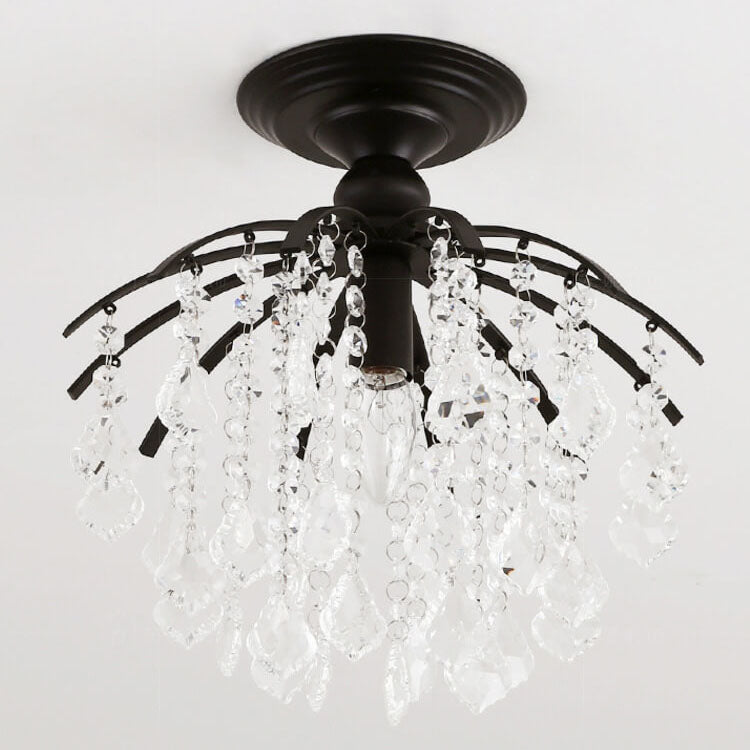 Scandinavian Modern Round Iron Crystal 1-Light Semi-Flush Mount Ceiling Light