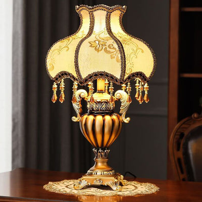 Traditional European Vintage Fabric Beaded Curtain Resin Base Palace 1-Light Table Lamp For Study