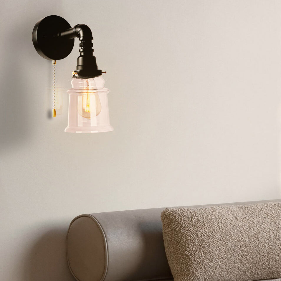 Contemporary Industrial Clear Glass Bell Pipe Iron 1-Light Wall Sconce Lamp For Bedroom