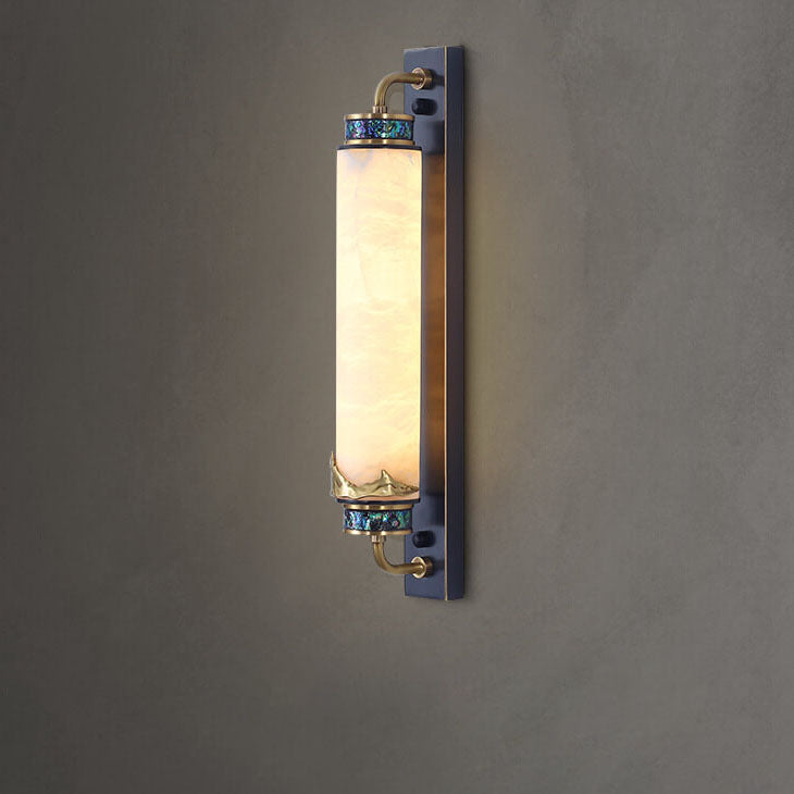 Traditional Chinese Marble Copper Column Brass LED Wall Sconce Lamp for Living Room