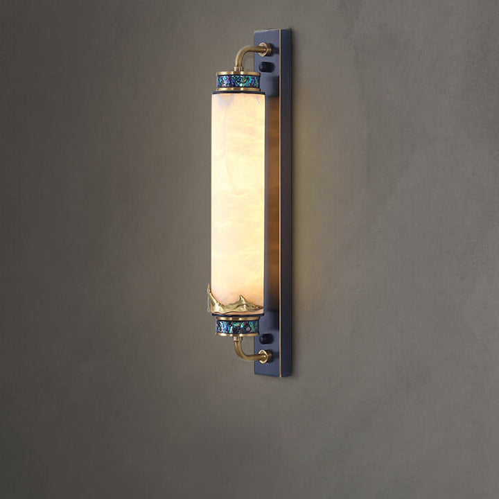 Traditional Chinese Marble Copper Column Brass LED Wall Sconce Lamp for Living Room