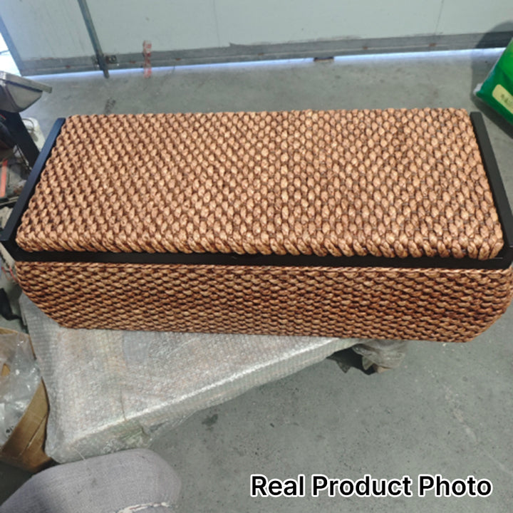 Traditional Rustic Rectangular Rounded-Corner Poplar Wood Narcissus Rattan Weaving Shoe Bench 1-Storage For Entryway