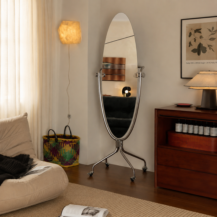 Modern Mid-Century Stainless Steel Glass Oval Full Length Floor Mirror With Rolling Swivel Coat Rack For Bedroom & Living Room