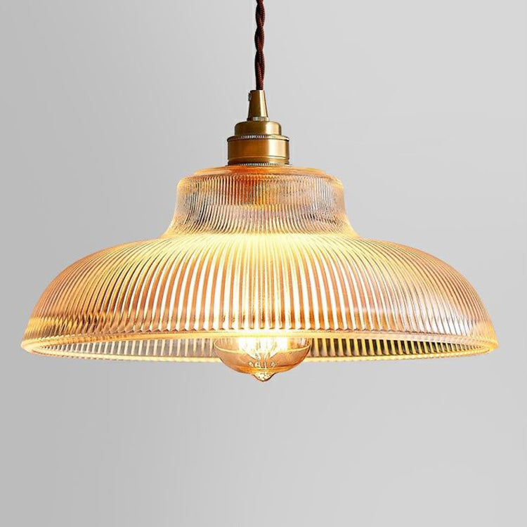 Traditional Japanese Wood Brass Glass Semicircular Loudspeaker 1-Light Pendant Light For Dining Room
