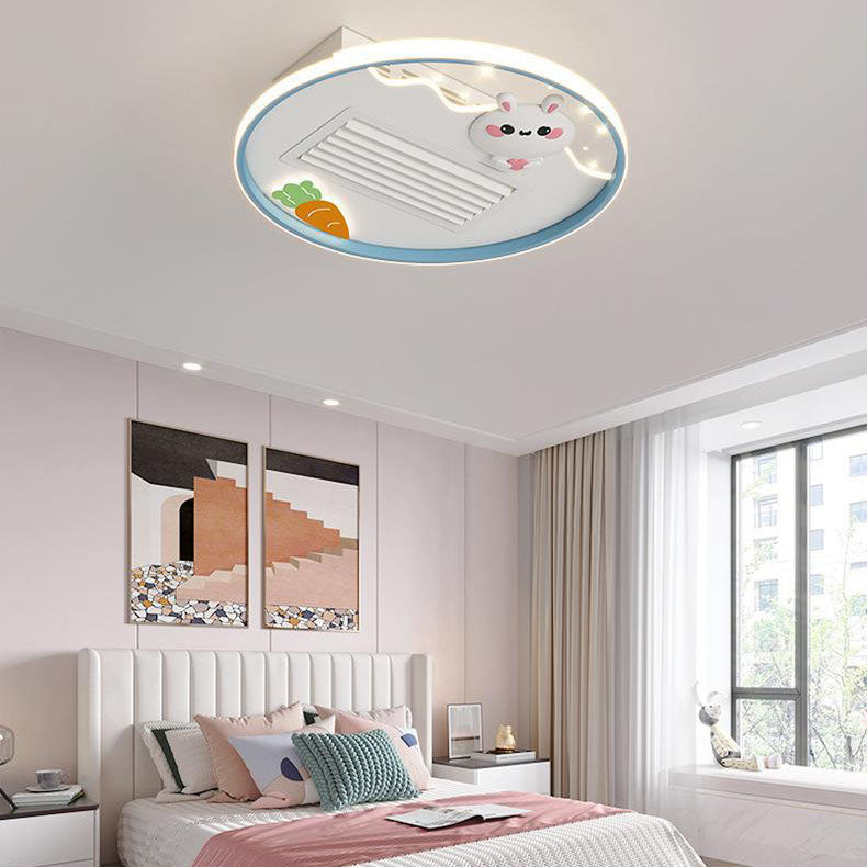 Contemporary Creative Acrylic Astronaut Moon LED Kids Flush Mount Ceiling Invisible Bladeless Fan Light For Bedroom