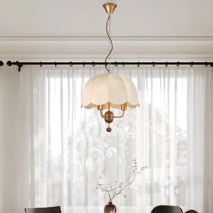 Lustre Suspendu à 3 Lumières en Tissu Rond Traditionnel Français avec Fer et Noyer pour Salon 